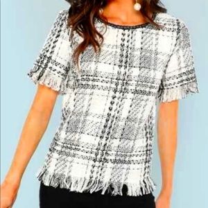 Raw hem tweed plaid blouse from Shein